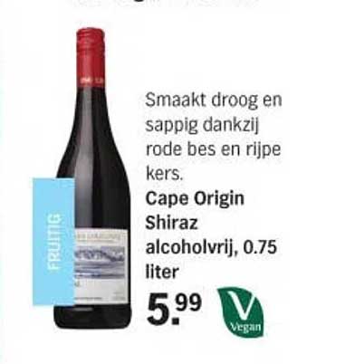 Cape Origin Shiraz alcoholvrij, 0,75 liter