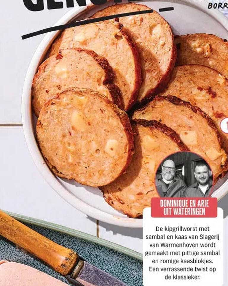De kipgrilworst met sambal en kaas van Slagerij van Warmenhuizen wordt gemaakt met pittige sambal en romige kaasblokjes. Een verrassende twist op de klassieker.