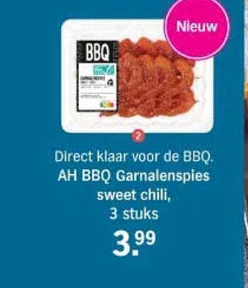 Direct klaar voor de BBQ. AH BBQ Garnalenspies sweet chili, 3 stuks