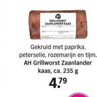 Gekruid met paprika, peterselie, rozemarijn en tijm. AH Grillworst Zaanlander kaas, ca. 235 g