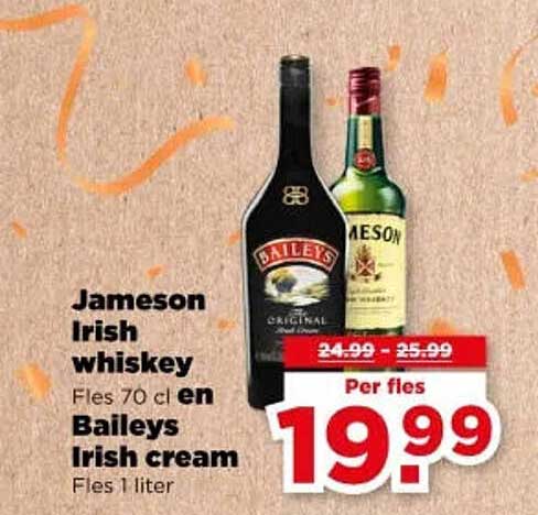 Jameson Irish whiskey Fles 70 cl en Baileys Irish cream Fles 1 liter