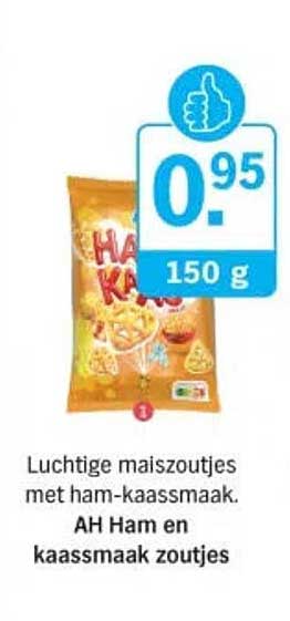 Luchtige maïszoutjes met ham-kaassmaak. AH Ham en kaas smaak zoutjes