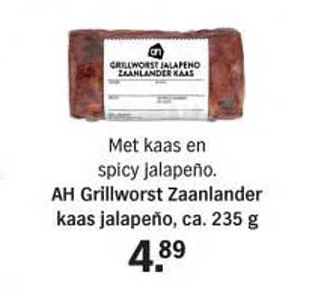 Met kaas en spicy jalapeño. AH Grillworst Zaanlander kaas jalapeño, ca. 235 g