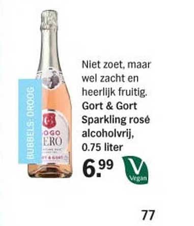 Niet zoet, maar wel zacht en heerlijk fruitig. Gort & Gort Sparkling rosé alcoholvrij, 0.75 liter