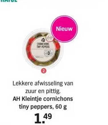 Nieuw Lekkere afwisseling van zuur en pittig. AH Kleintje cornichons tiny peppers, 60 g