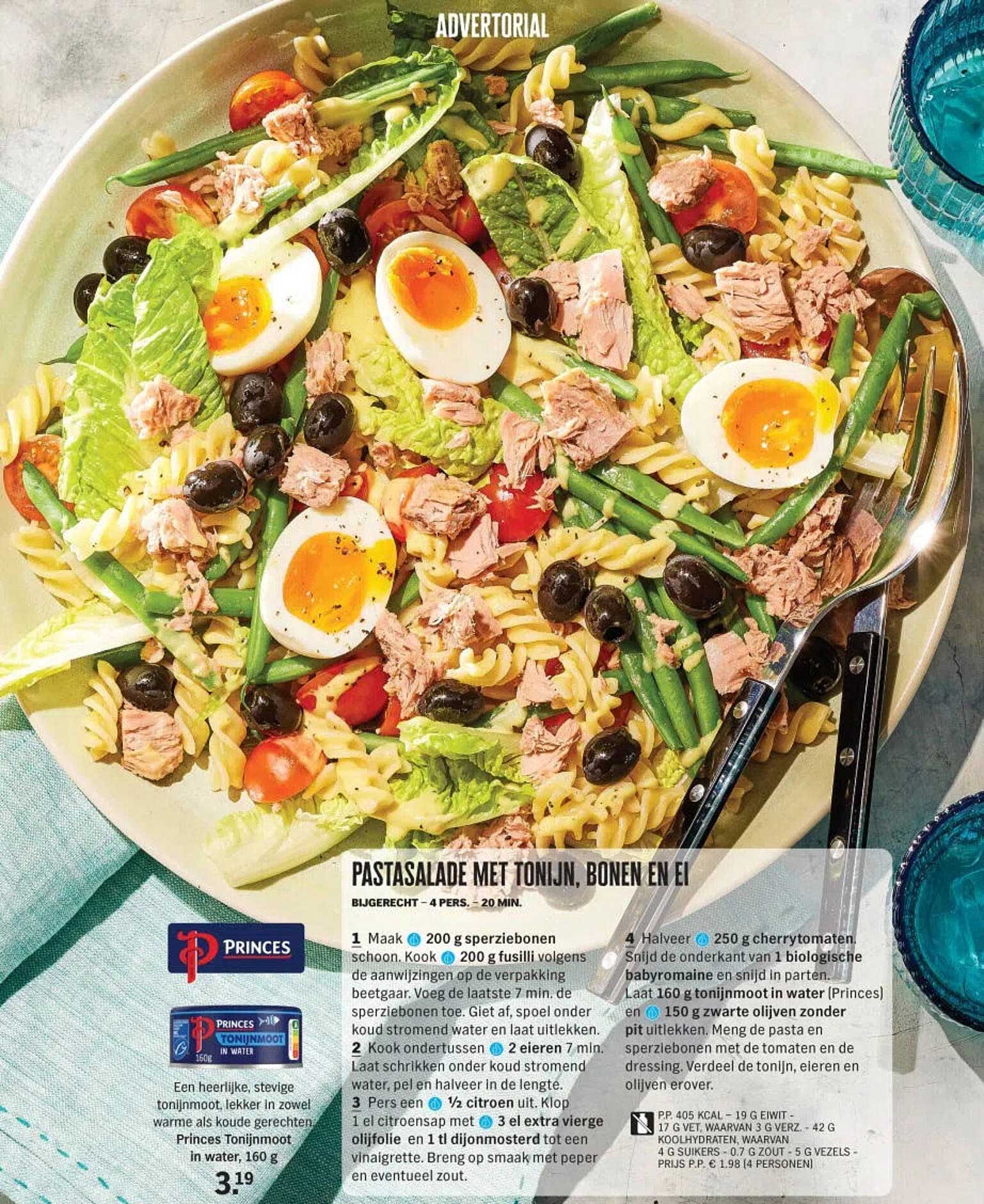 Pasta salade met tonijn, bonen en ei