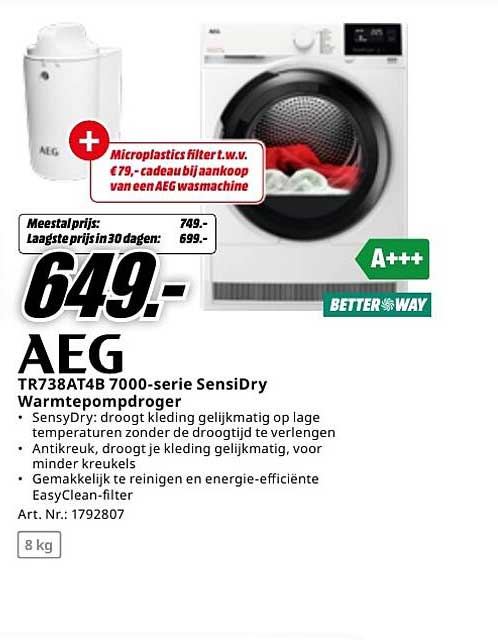 AEG TR738AT4B 7000-serie SensiDry Warmtepompdroger