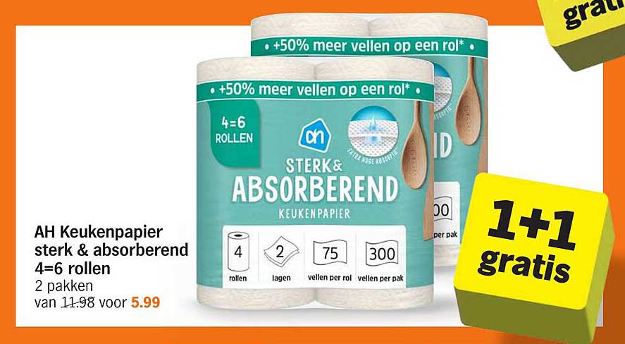 AH Keukenpapier sterk & absorberend 4=6 rollen