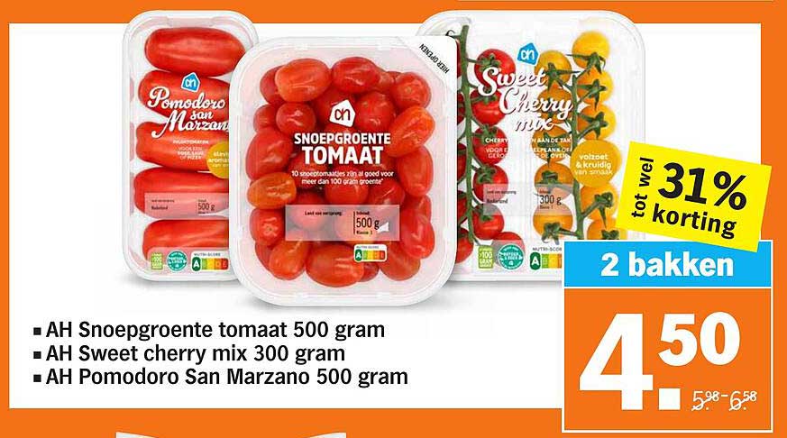 AH Snoepgroente tomaat 500 gram, AH Sweet cherry mix 300 gram, AH Pomodoro San Marzano 500 gram