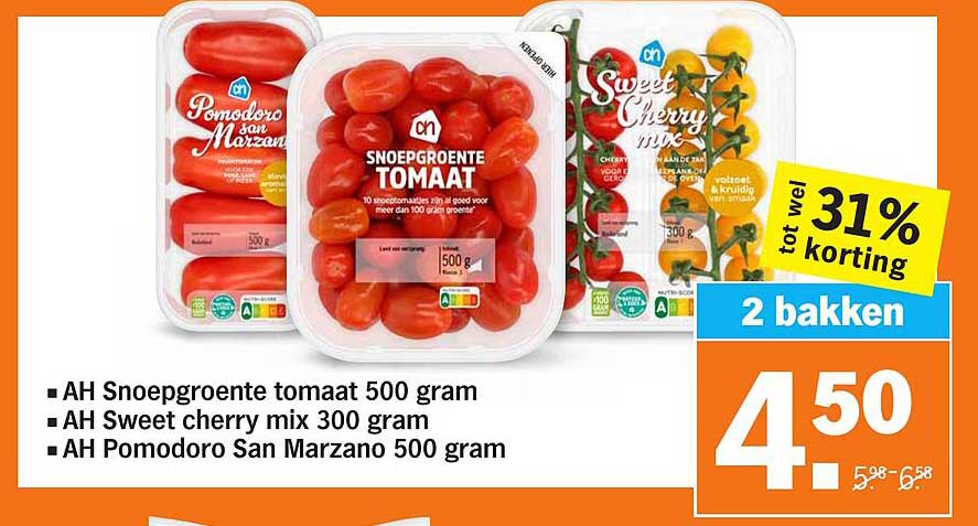 AH Snoepgroente tomaat 500 gram, AH Sweet cherry mix 300 gram en AH Pomodoro San Marzano 500 gram