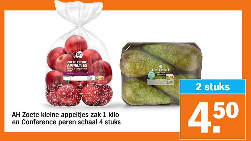 AH Zoete kleine appeltjes zak 1 kilo en Conference peren schaal 4 stuks
