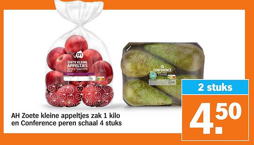 AH Zoete kleine appeltjes zak 1 kilo en Conference peren schaal 4 stuks