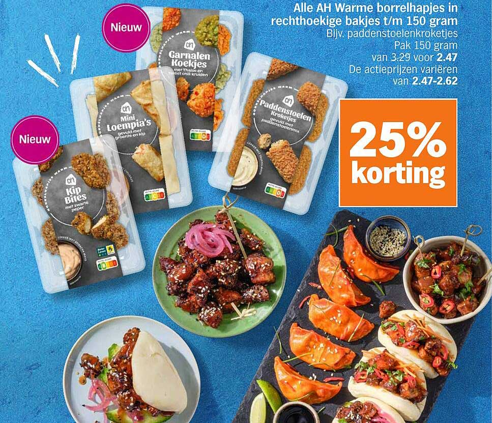 Alle AH Warme borrelhapjes in rechthoekige bakjes t/m 150 gram