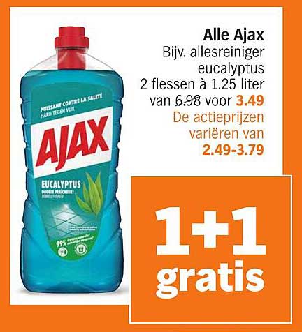 Alle Ajax Bijv. allereinigers eucalyptus 2 flessen à 1.25 liter van 6.98 voor 3.49