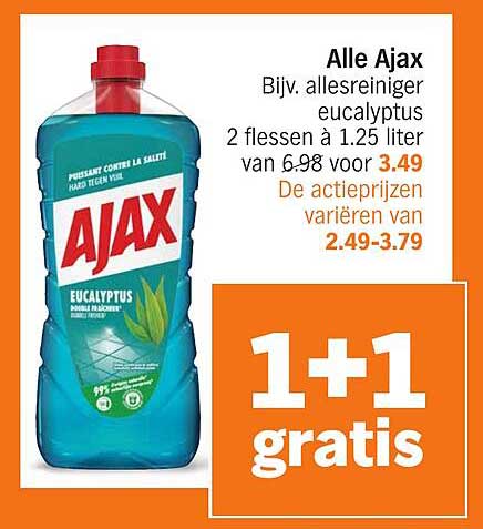 Alle Ajax Bijv. allesreiniger eucalyptus 2 flessen à 1.25 liter van 6.98 voor 3.49