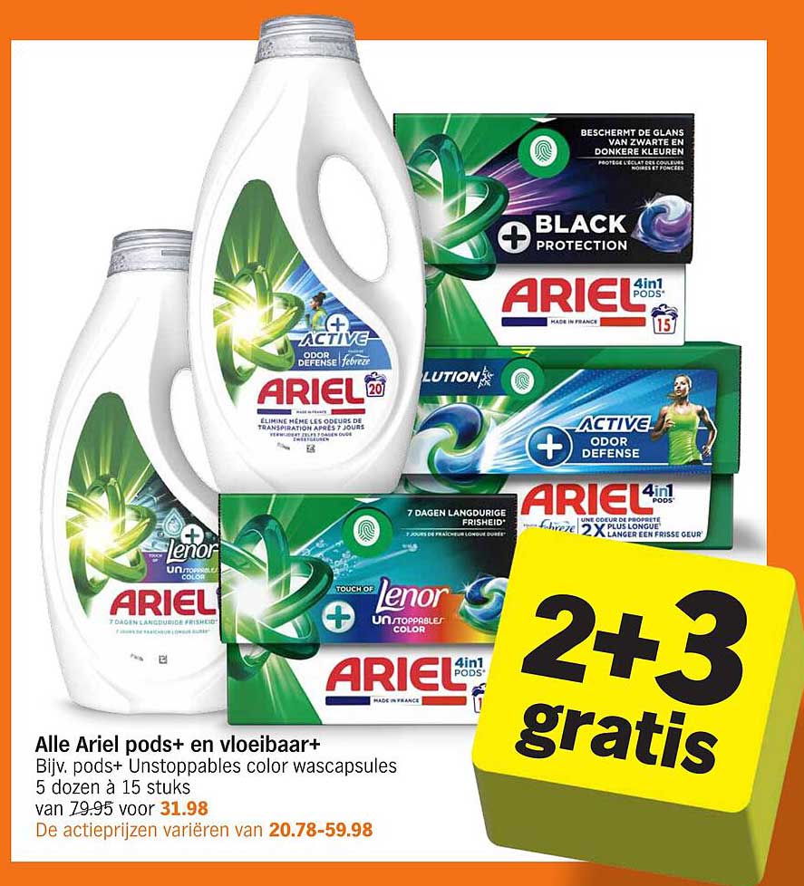 Alle Ariel pods+ en vloeibaar+ Bijv. pods+ Unstoppables color wascapsules 5 dozen à 15 stuks