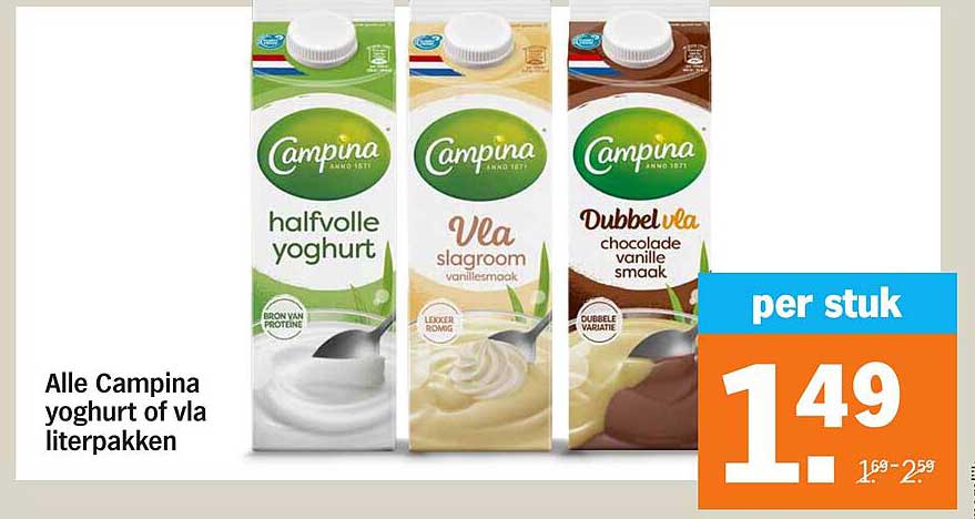 Alle Campina yoghurt of vla literpakken