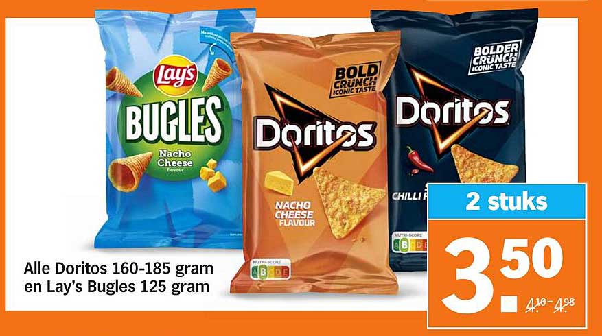 Alle Doritos 160-185 gram en Lay's Bugles 125 gram