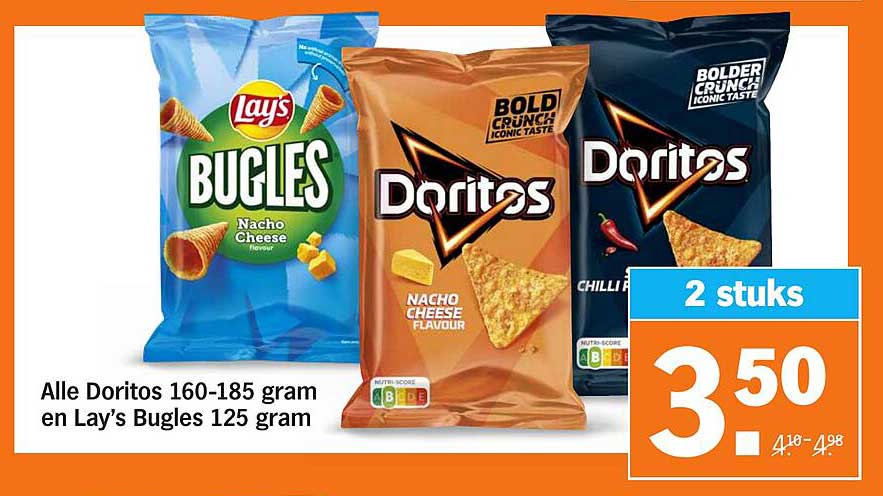 Alle Doritos 160-185 gram en Lay's Bugles 125 gram