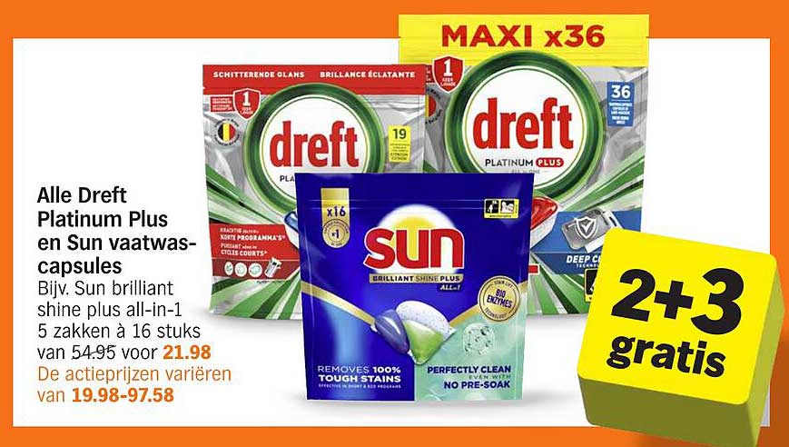 Alle Dreft Platinum Plus en Sun vaatwascapsules