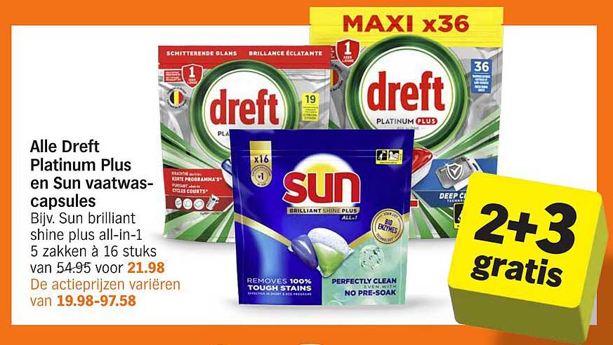 Alle Dreft Platinum Plus en Sun vaatwascapsules