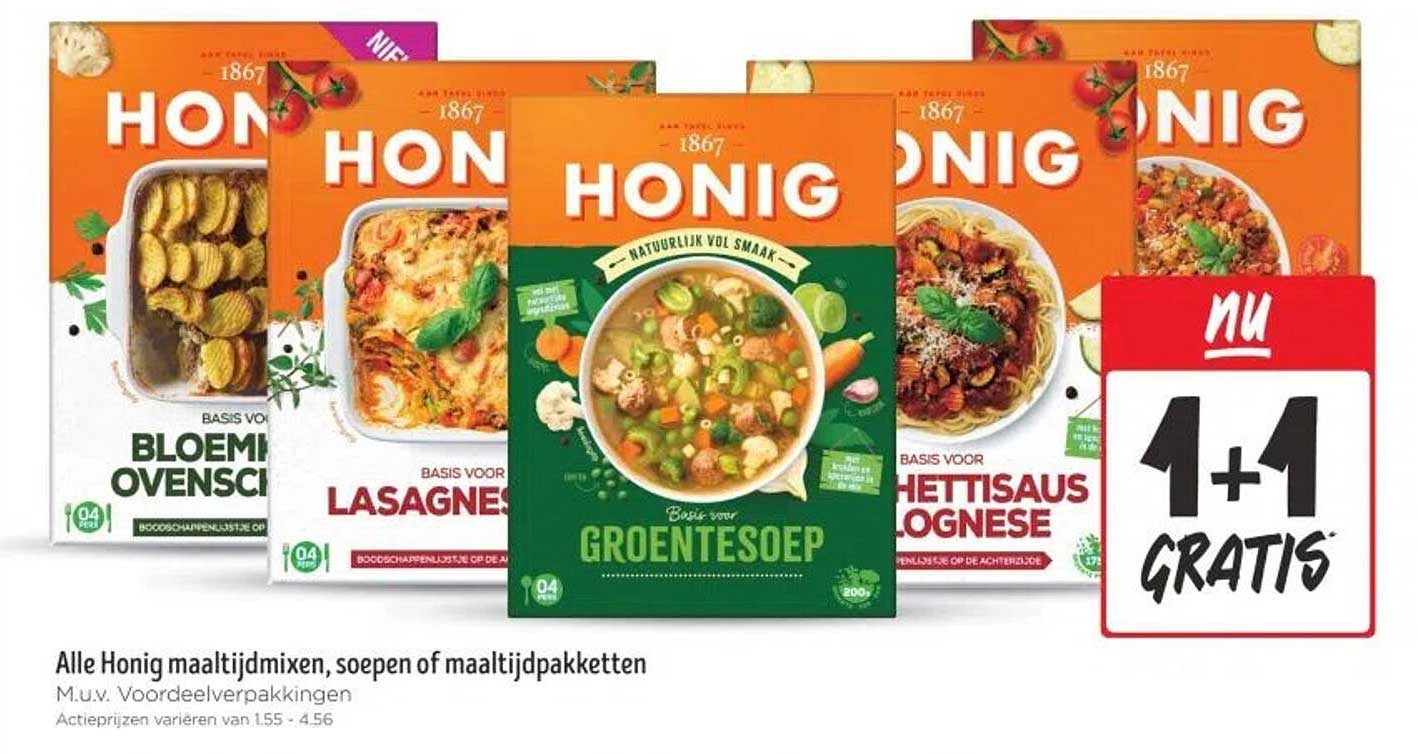 Alle Honig maaltijdmixen, soepen of maaltijdpakketten M.u.v. Voordeelpakkingen
