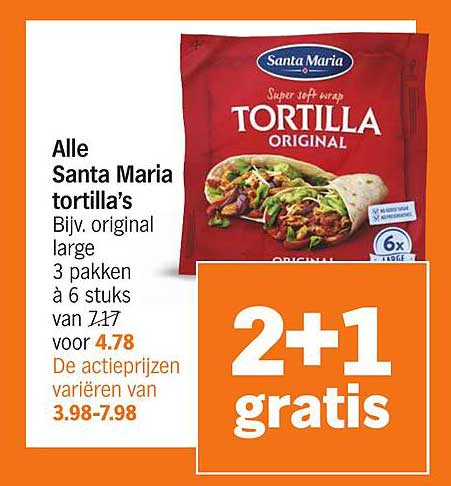 Alle Santa Maria tortilla’s Bijv. original large 3 pakken à 6 stuks van 1,17 voor 4,78