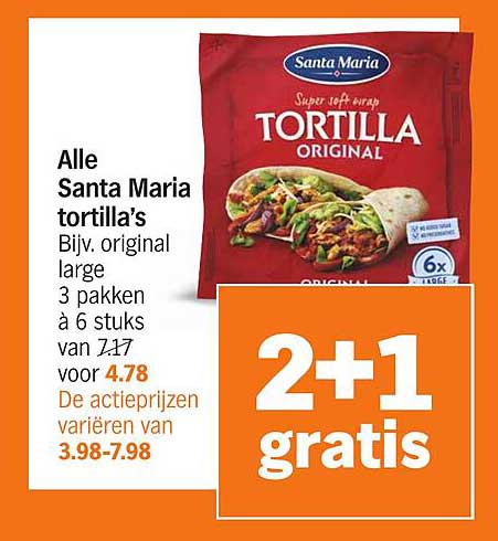 Alle Santa Maria tortilla's Bijv. original large 3 pakken à 6 stuks van 1,27 voor 4,78