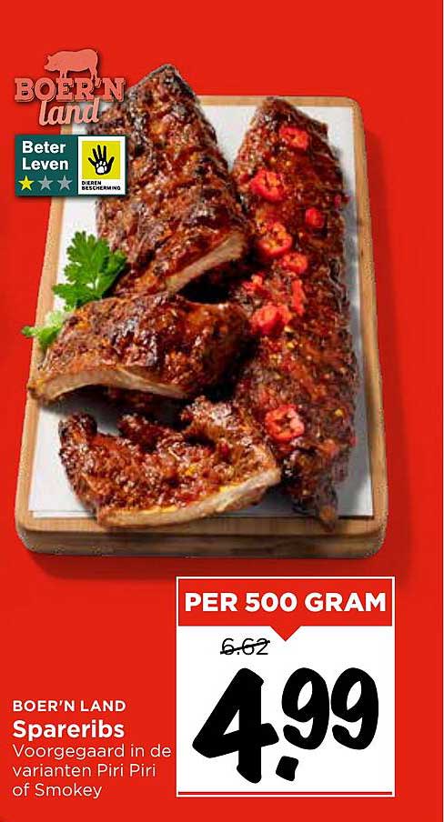 BOER’N LAND Spareribs Voorgegaard in de varianten Piri Piri of Smokey