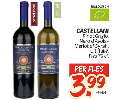 CASTELLANI Pinot Grigio, Nero d’Avola-Merlot of Syrah. Fles 75 cl.