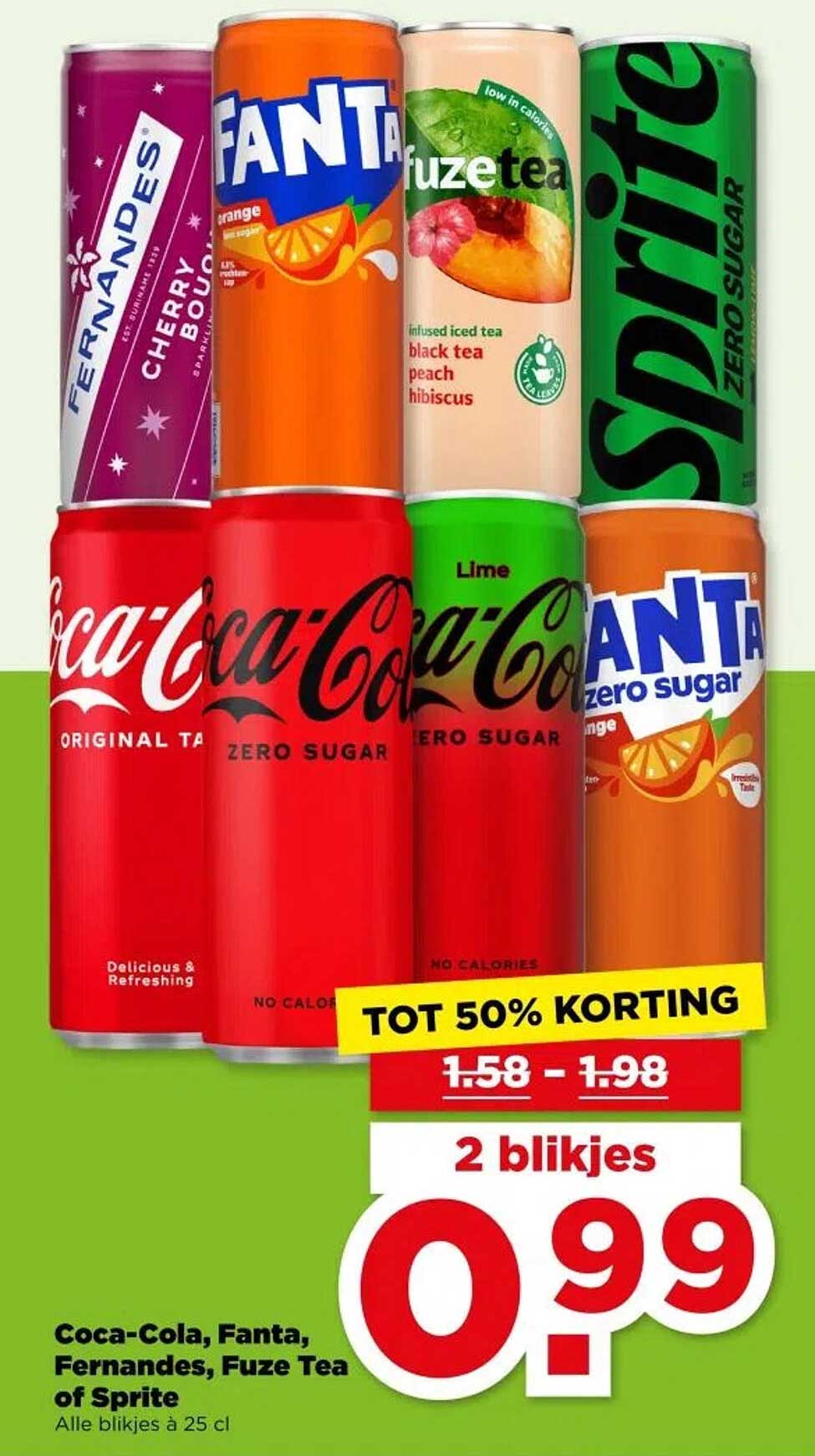 Coca-Cola, Fanta, Fernandes, Fuze Tea of Sprite, 2 blikjes