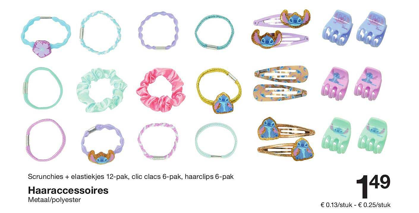 Haaraccessoires - Scrunchies + elastiekjes 12-pak, clic clacs 6-pak, haarclips 6-pak
