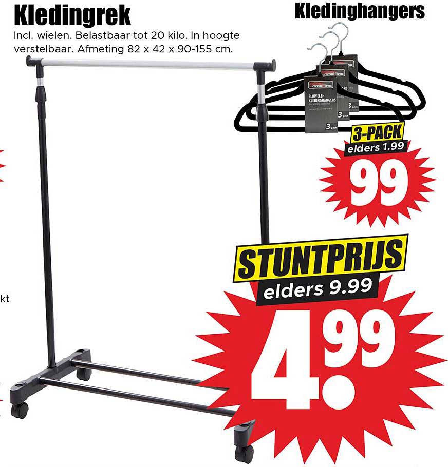 Kledingrek incl. wielen, belastbaar tot 20 kilo, in hoogte verstelbaar