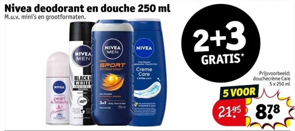 Nivea deodorant en douche 250 ml M.u.v. mini's en grootformaten.