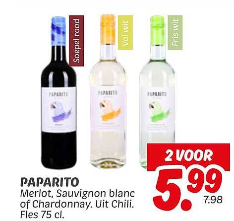 PAPARITO Merlot, Sauvignon blanc of Chardonnay. Uit Chili. Fles 75 cl.