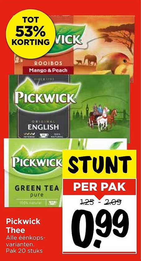 Pickwick Thee - Alle éénkops-varianten. Pak 20 stuks