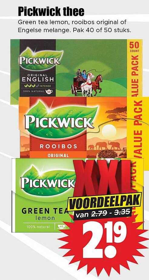 Pickwick thee - Green tea lemon, rooibos original of Engelse melange. Pak 40 of 50 stuks.