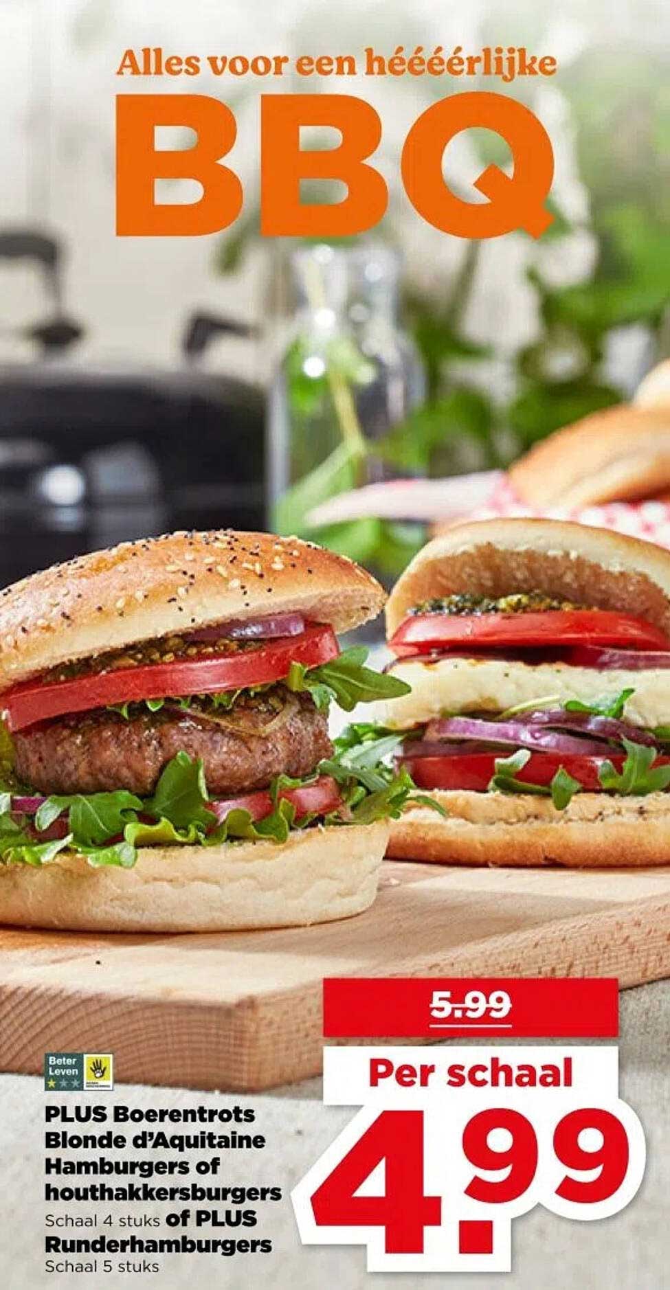 PLUS Boerenrot Blonde d'Aquitaine Hamburgers of Houthakkersburgers - Schaal 4 stuks PLUS Runderhamburgers - Schaal 5 stuks