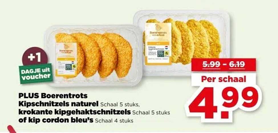 PLUS Boerentrots Kipschnitzels naturel Schaal 5 stuks, krokante kipgehaktschnitzels Schaal 5 stuks of kip cordon bleu’s Schaal 4 stuks