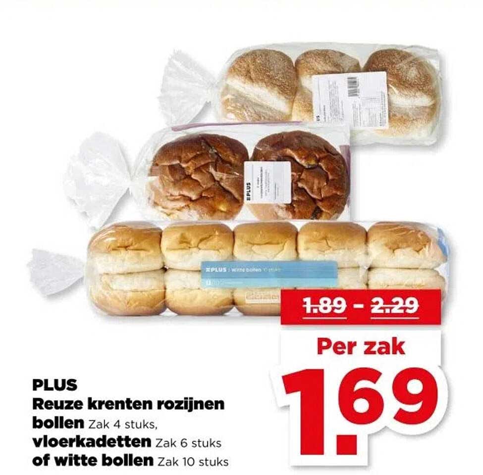 PLUS Reuze krenten rozijnen bollen Zak 4 stuks, vloerkadetten Zak 6 stuks of witte bollen Zak 10 stuks