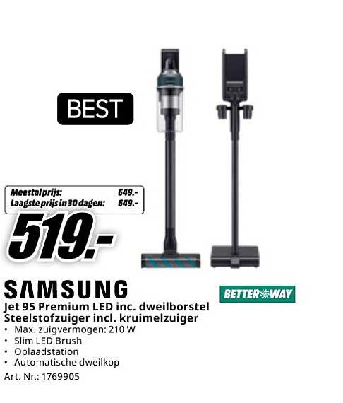 Samsung Jet 95 Premium LED inc. dweilborstel Steelstofzuiger incl. kruimelzuiger