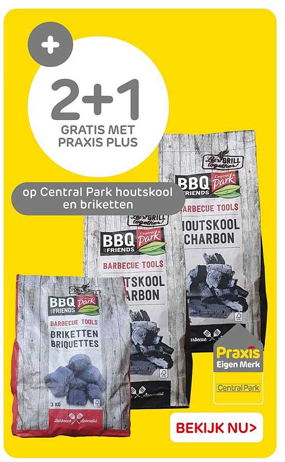 2+1 GRATIS MET PRAXIS PLUS op Central Park houtskool en briketten