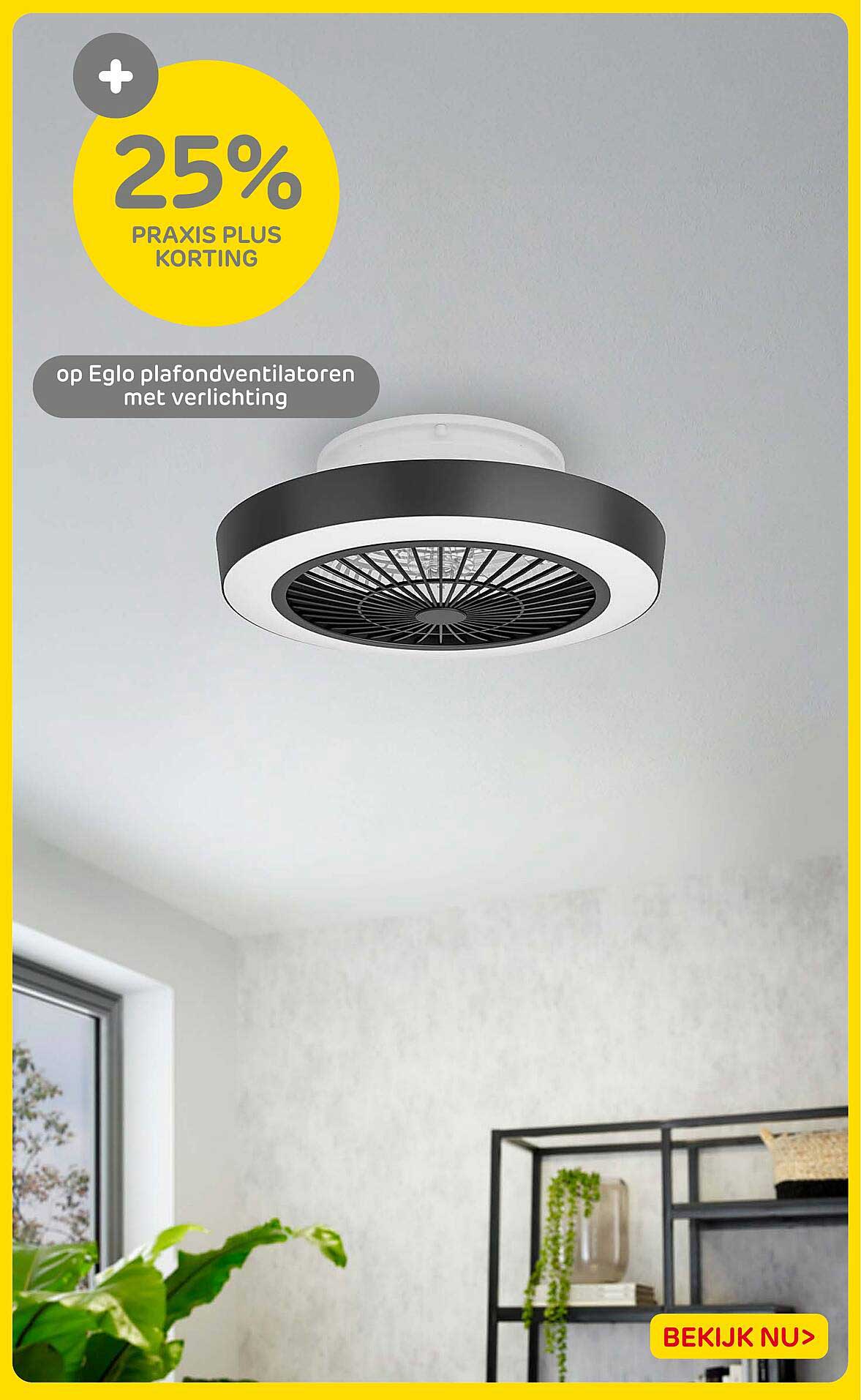 25% Praxis Plus korting op Eglo plafondventilatoren met verlichting