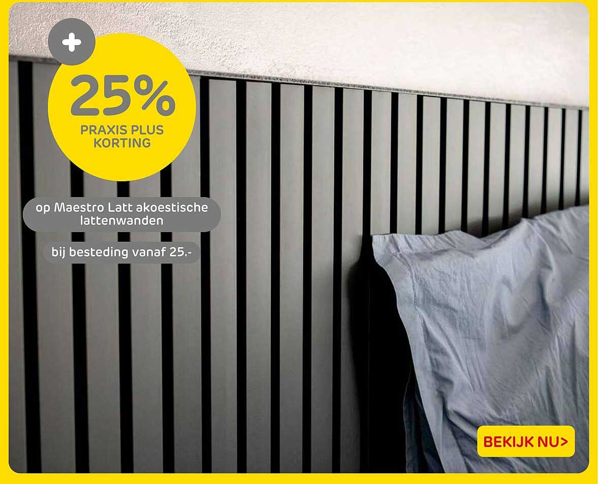 25% Praxis Plus korting op Maestro Latt akoestische lattenwanden bij besteding vanaf 25.-