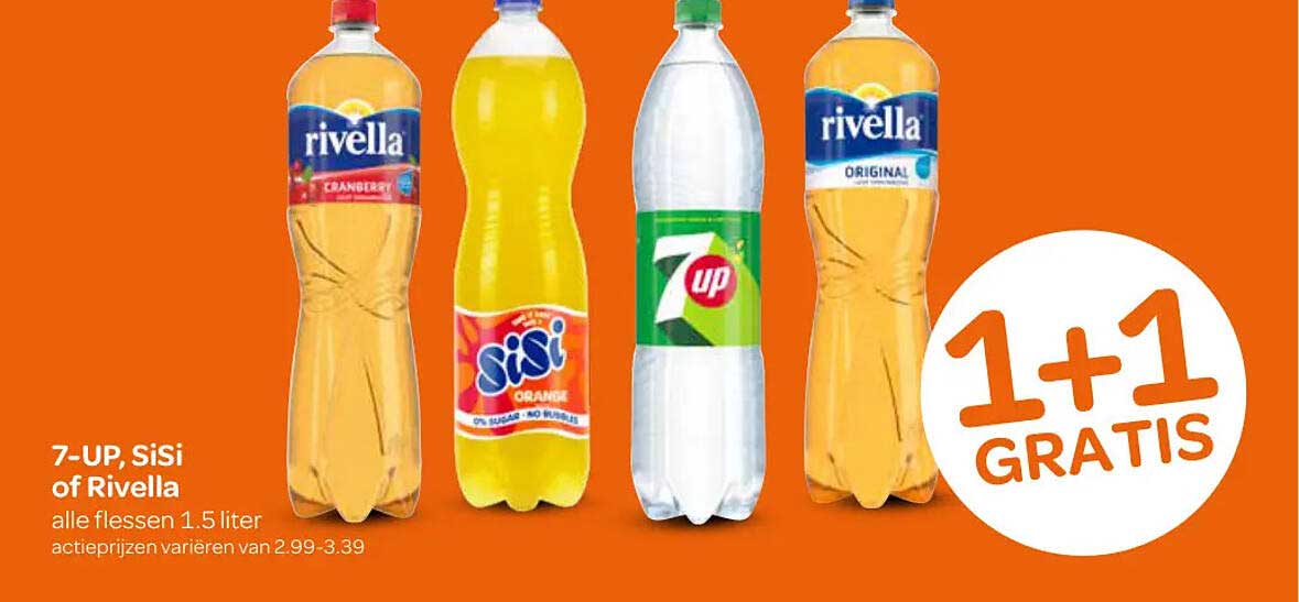 7-UP, Sisi of Rivella alle flessen 1.5 liter 1+1 gratis