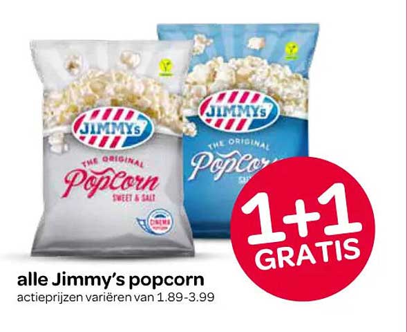 alle Jimmy’s popcorn 1+1 gratis