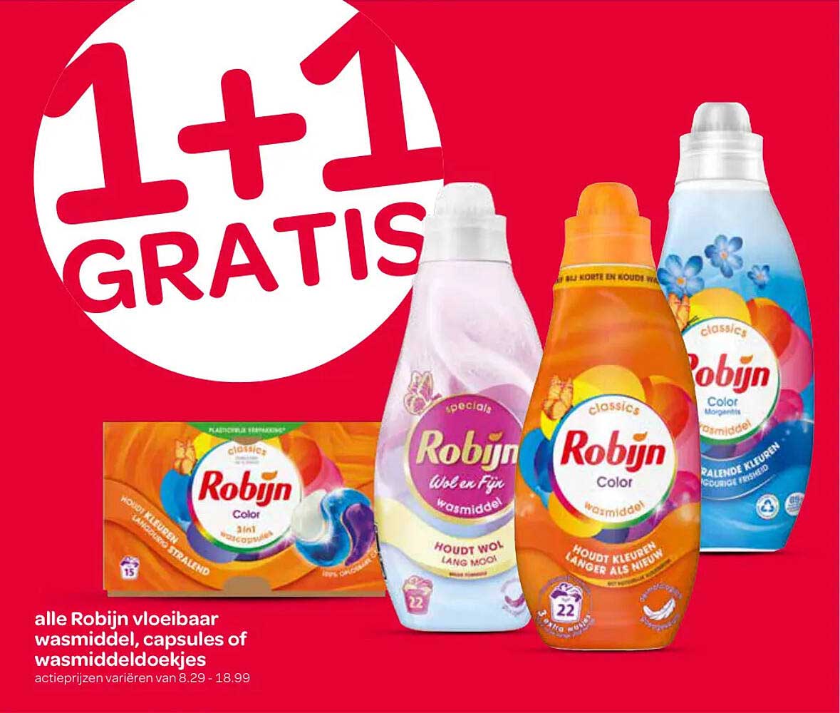 alle Robijn vloeibaar wasmiddel, capsules of wasmiddeldoekjes 1+1 GRATIS