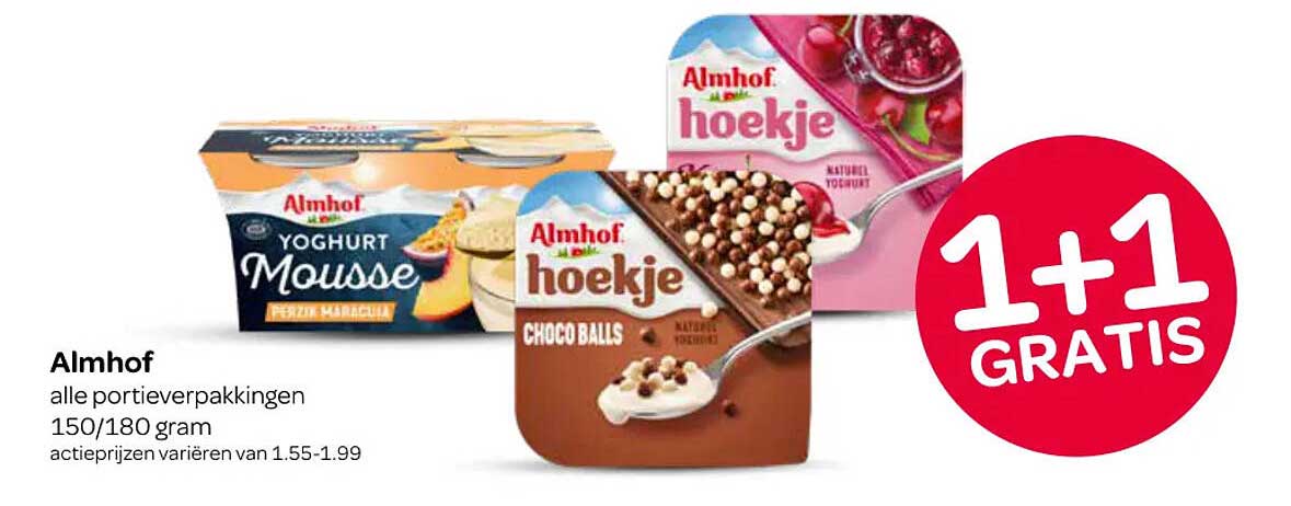 Almhof alle portieverpakkingen 150/180 gram 1+1 GRATIS
