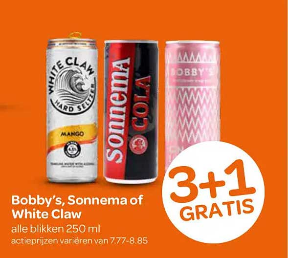 Bobby's, Sonnema of White Claw alle blikken 250 ml 3+1 GRATIS