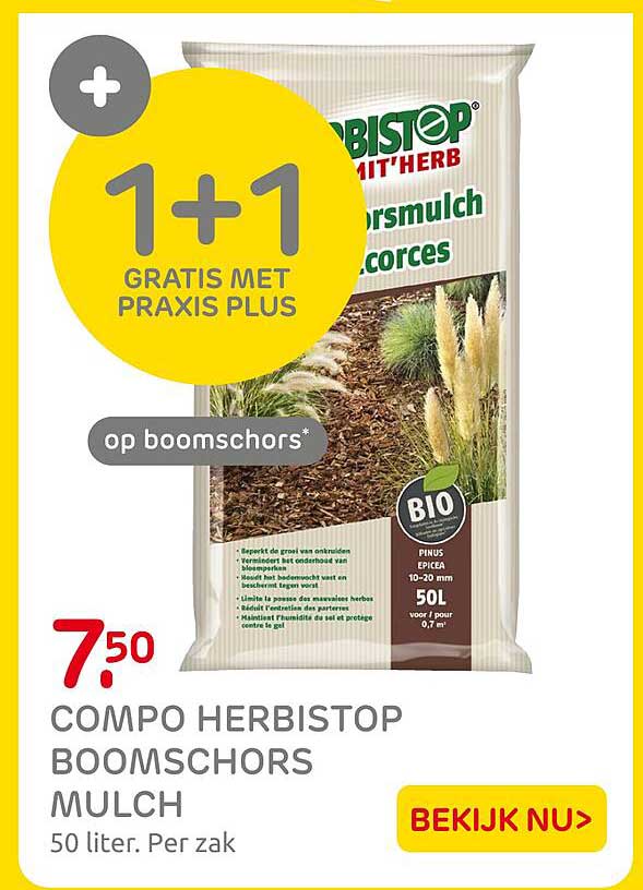 COMPO HERBISTOP BOOMSCHORS MULCH 50 liter. Per zak 1+1 GRATIS MET PRAXIS PLUS